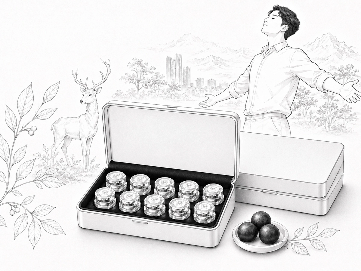 공진단과 약재, 기운을 회복하는 인물 일러스트